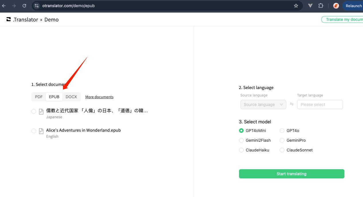Demo-paginaweergave van O.Translator