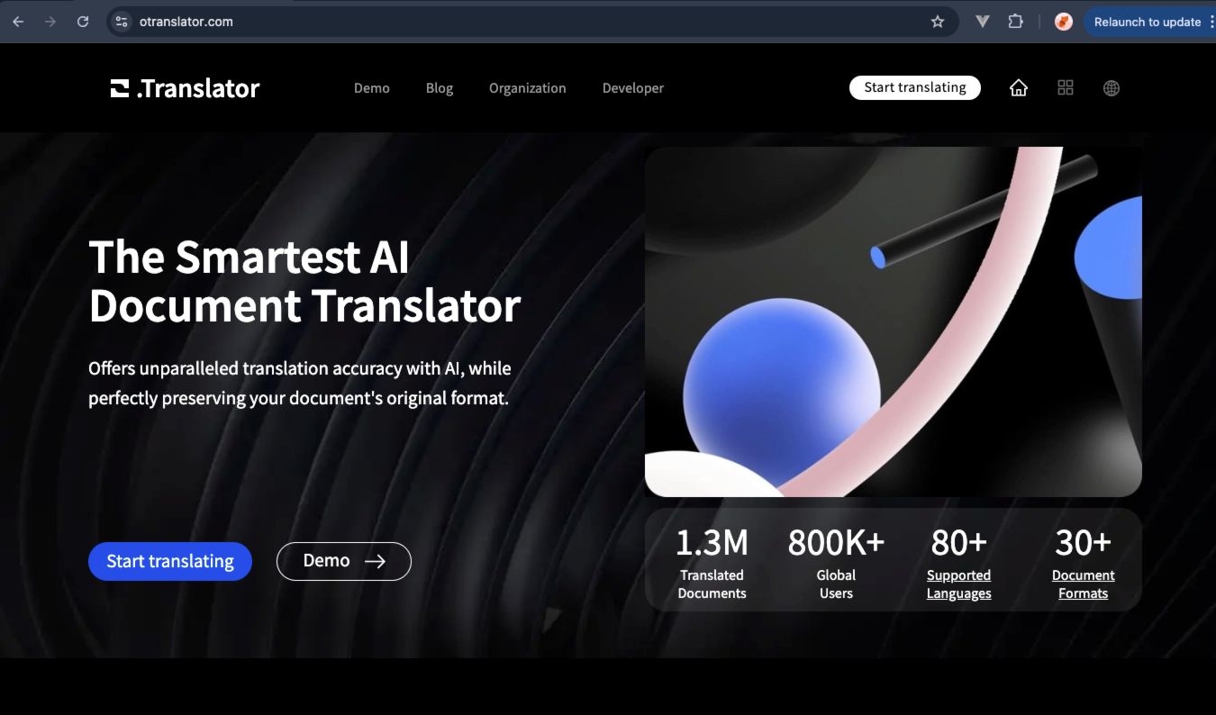 Screenshot of the O.Translator homepage