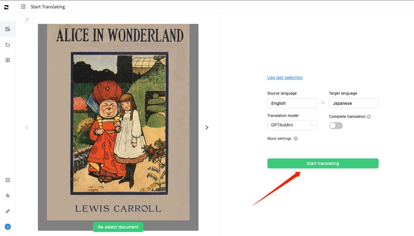 Uploading an EPUB and selecting a language on O.Translator