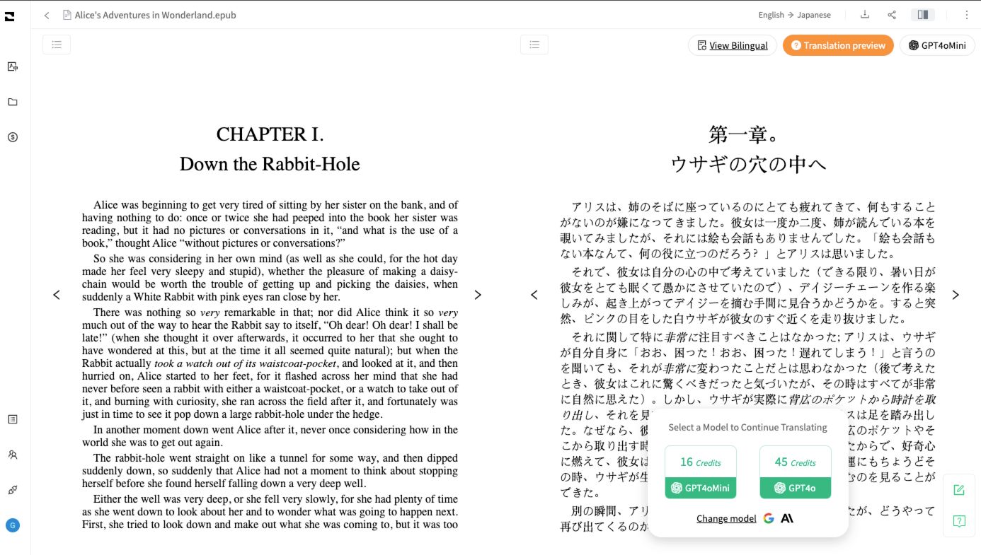 O.Translator showing EPUB translation results