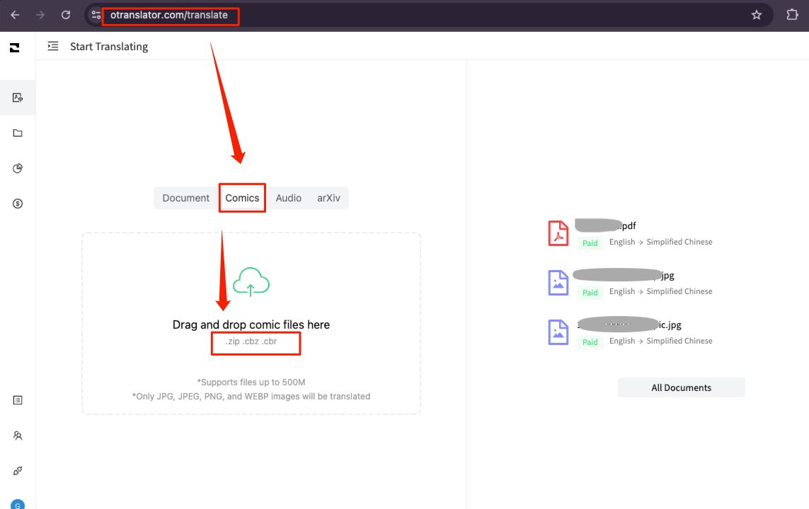 Step-by-step guide to uploading comic files for translation in O.Translator