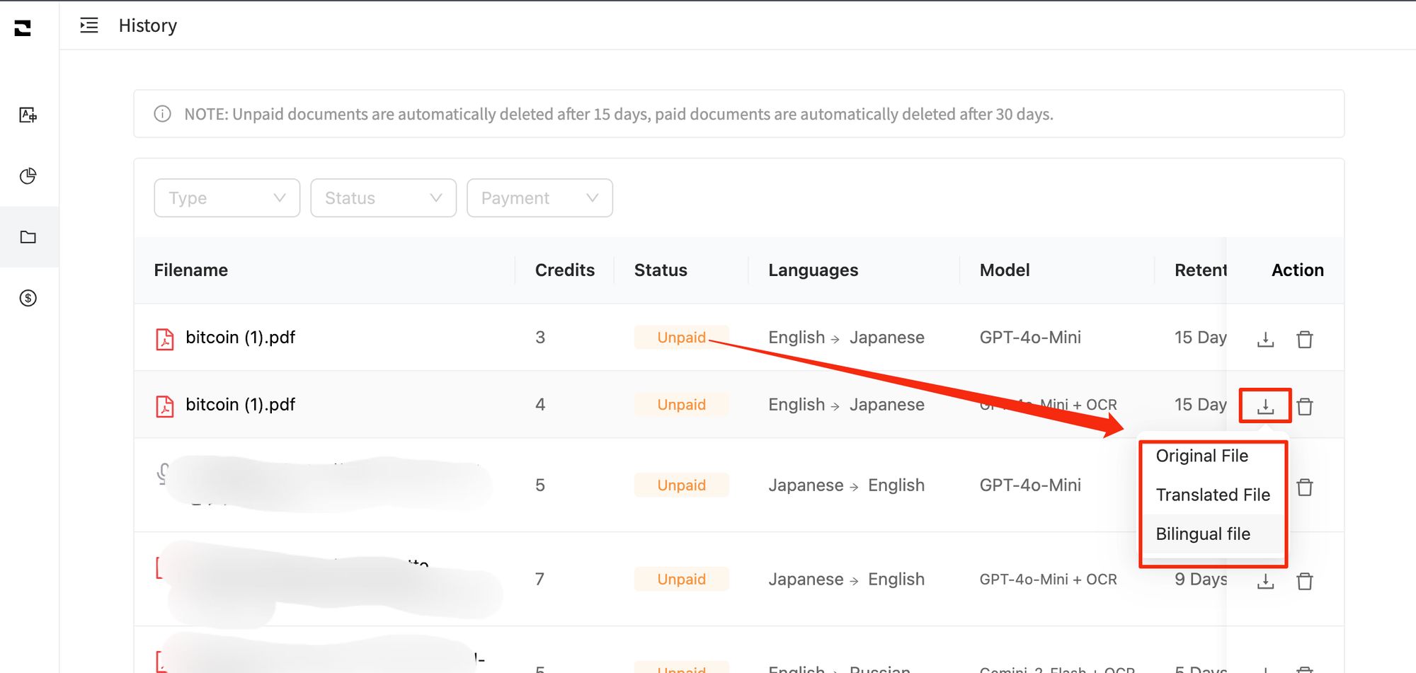 Download bilingual PDF from the translation history list