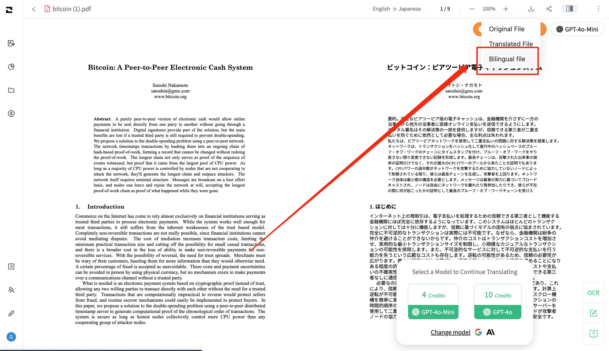 Télécharger un PDF bilingue depuis la page d’aperçu de la traduction